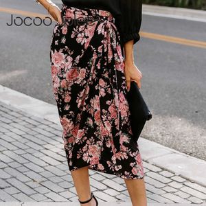 JOCOO JOLEE WOMEN FLORLAL PRINT LACE UP MIDI SKIRTS SUMMER VINTAGE SEXY SPLICT BANDAGE LONG SKITR