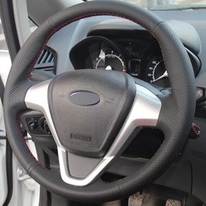 Capas de volante de carro costuradas de mão DIY couro genuíno preto macio para ford fiesta 2008-2013 ECOSPORT 2013-2016
