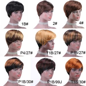 Highlight Honey Blonde Burgundy Ombre Short Bob Wig With Bangs Pixie Cut Straight Brazilian Virgin Human Hair Colored Natural Glueless Fringe Wigs For Black Women