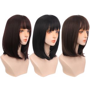 Perucas sintéticas Buqi Comprimento médio peruca reta com bangs preto marrom anime cosplay para mulher feminina diariamente cabelo falso mulheres cabelo