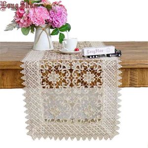 Longshow Luxury Pure Chemical Broderad Lace Bankett Dining Dekoration Hollow-out Design Table Runner TV Stand Cabinet Cover 210628