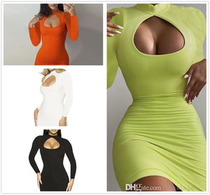 Women Long Sleeved Dress New Sexy Breast Wrap Solid Color High Waist Mid Length Hollow Out Skirt 2024 Trends Spring