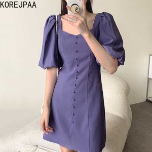 Korejpaa Frauen Kleid Korea Chic Sommer Französisch Elegante Sanfte V-ausschnitt Chic einreiher Blase Hülse Kurze Vestido 210526