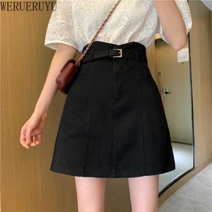 Werueruyu sexiga kvinnor denim mini kjol mode sommar hög midja koreanska svart kjol lila paket hip hajuku plus storlek 210608