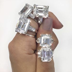Luxo Prata Esterlina 925 Corte Esmeralda Quadrado Simulado Diamante Casamento Noivado Coquetel Feminino Anel de Pedra Preciosa Jóias Atacado