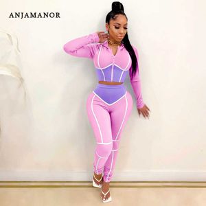 Anjaamanor cor cagada bloco de moda suor ternos mulheres tracksuit zip up cortados hoodie e calças de dois peça conjuntos de correspondência D48-DE42 Y0625