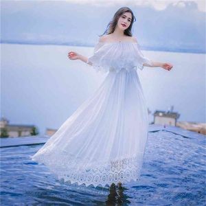 Women Dress Summer Maxi Chiffon Lace Long Butterfly Sleeve for Travel Slash Neck Off The Shoulder Party White 210603