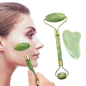 Naturalny Jade Roller Skrobak Zestaw twarzy Kamień twarzy Ujędrniający twarz Anti-Aging Puffy Eyes Massager Neck Anti zmarszczki