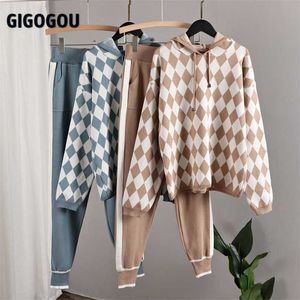 GIGOGOU Knitted Carrot Pant 2 Piece Sets Argyle Cropped Hooded Women Sweater + Big Pocket Harem Pants Two Tracksuits 211105