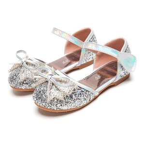 Primavera Estate Bambini Ragazze Scarpe Sandali Bling Paillettes Fiocco di cristallo Principessa Scarpe da ballo per ragazze Tacchi piatti Scarpe per bambini 210713