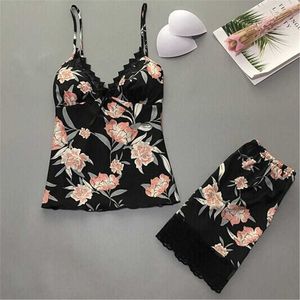 Kadın Yaz Uyku Paketleri Seksi V Yaka Tank Top Şort Giyim Setleri Lounge Pijama Set kadın 2-piece Çiçekler Gece Q0706