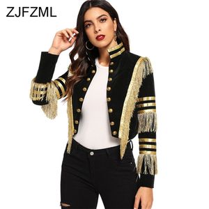 Mode Dame Fringe Patched Metallic Zweireiher Streifen Schwarz Gothic Jacke Frauen Herbst Stehkragen Cropped Jacke Frauen 210722