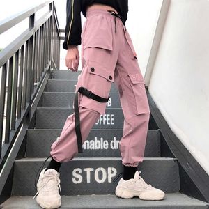 Jesień Streetwear Spodnie damskie Haft Casual Cargo Spodnie Joggers Solidna Duża Kieszonkowa Wysoka talia Luźna kobieta 210531