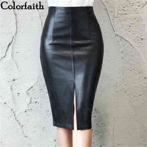 Colorfaith Women PU Läder Midi Skirt Vår Höst Ladies Paket Hip Front eller Back Slit Pencil Plus Storlek SK8760 210619