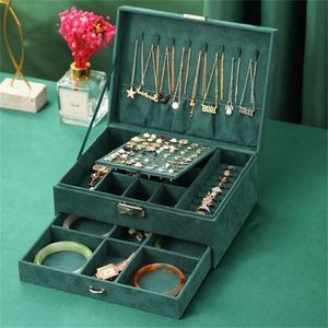 Dubbelskikt Smycken Box Grön Flannel Multifunktions Organizer Earring Ring Display Halsband Storage Gifts 211105