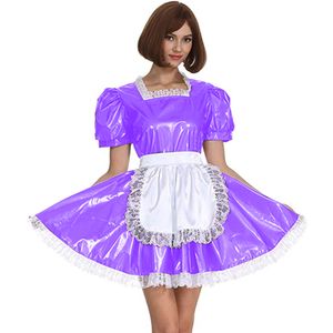 Plus Size Spitzenbesatz Sweet Lolita Kleid Damen Square Neck Maid Cosplay Uniform A-Linie PVC Kurzarm Plissee Minikleid