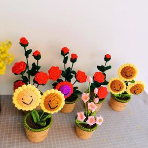 Decorative Flowers & Wreaths Hand-knitted Handmade Yarn Crochet Sunflower Rose Pot Flower Bouquet Wedding Home Decor Girlfriends Lovers Holi