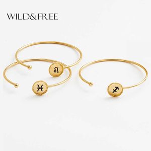 Wild Gratis Nya Kvinnor Constellation Armband Bangles Guldfärg Tunn Öppna Manschett Metall Bangle Set 12 Zodiac Lucky Smycken Q0719