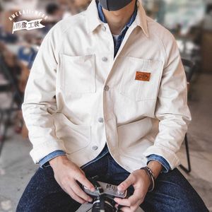 Maden Weiße Jacken für Männer Werkzeug Französisch Retro Jagd Lässiges Jeanshemd Slim Top Japanischer Herrentrend 210909