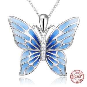 Autentisk 100% 925 Sterling Silver Blue Butterfly Hänge Halsband Mode Smycken Kvinnor Animal Halsband Present Gift för Vänner Q0531