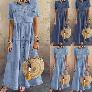 Kvinnor sommar hösten denim långa klänningar retro knäppfickor jeans maxi klänning damer casual vestidos y0726