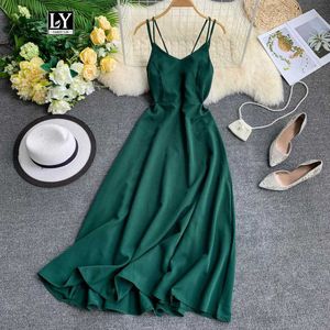 LY Varey Lin Kobiety Sexy Spaghetti Pasek Długa Sukienka Elegancka Backless Summer Es Vintage Beach Party Maxi Robe Vestidos 210526