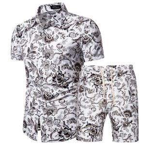 メンズサマートラックスーツハワイアン花のシャツ+ビーチショーツ2個セットクイックドライ半袖男性セットROPA HOMBRE