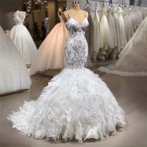 Luxury Mermaid Wedding Dresses Handmade Crystals Beads Feather Bridal Gowns Vestido De Noiva Spaghetti Straps Bride Robe de mariée