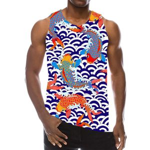 Mito Lucky Fish Graphic Tank Tops para Homens Impressão Sem Mangas Carpa Pulando sobre o padrão Dragon Pattern Top Beach Colete