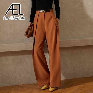 AEL Summer Women Wide Lep Loose Trousers Caramel High Waisted Byxor Casual Streetwear Damer Fashion Quality Clothing 211124