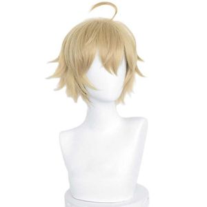 Tohma Cosplay Wig Game Genshin Impact Light Brown Ponytail Hår Peluca Anime Halloween Party Carnival Roll Spela Wigs Y0913