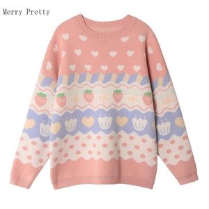 Cor-de-rosa dos desenhos animados morango bordado suéteres estilo doce tricotada pulôver inverno grosso suéter quente jumpers meninas top 211011