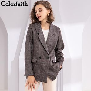 Women's Suits & Blazers 2022 Autumn Winter Plaid Double Breasted Pockets Formal Jackets Notched Outerwear Tops JK7113