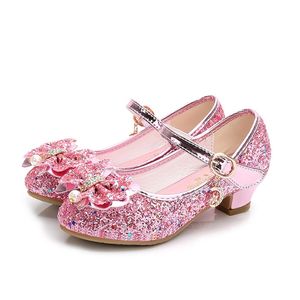 Princess Shoes Girls Butterfly Knot High-Heel Sequins Non-Slip Performance Shoes Kids Crystal Children's Leather Shoes 210306