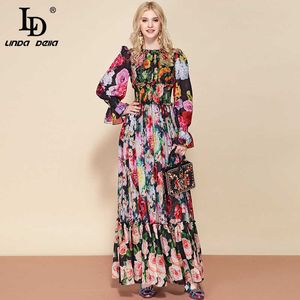 LD Linda della Fashion Baan Zomer Lange Mouw Maxi Jurk Dames Elastische Taille Floral Print Elegant Party Holiday Long Dress 210706