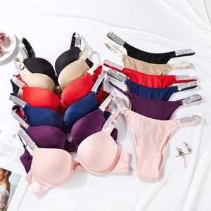 Sexy Letter Rhinestone Bielizna Briefs Set Push Up Bra Panty 2 Kawałek Dla Kobiet Komfort Regulowany Bielizna Ustawia Czarny X0526