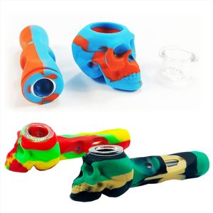 DHL Skull Silicone Smoking Bubbler Hand Tobacco with Glass Bowl Food Grade Silicon Smok Pocket Pipe Multi Purpose Oil Burner Hookah Pipes