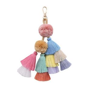 Handgjord Färgglada Fringe Tassel Pompom Keychain Nyckelring för Kvinnor Bag Tillbehör Bohemian Style Keyhållare G1019