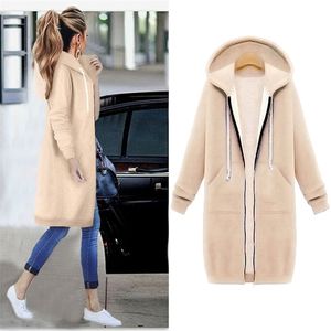 Mulheres Outono Inverno Oversized Hoodies Longo Suéter Feminino Manga Zipper Outerwear Pockets Sudadera Mujer 211013