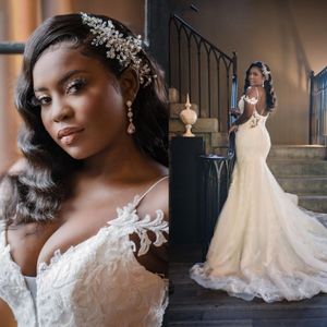 2021 Plus Size Wedding Dresses Arabic Aso Ebi African Mermaid vestidos de novia Lace Appliques Open Back Bridal Gowns