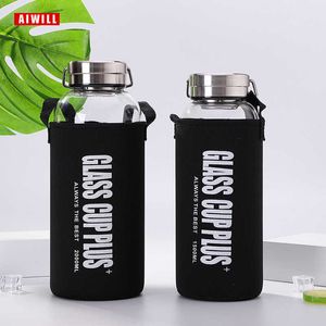 AIWILL Glass water bottle 2000ml/ 1500ml/1000ml/600ml outdoor Transparent portable large-capacity glass bottles gift with bag 211013
