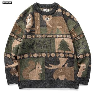 Korean clothes men's oversized Harajuku ugly sweater anime hip hop punk pullover forest animal bear graphic knitwear cartoon 211014