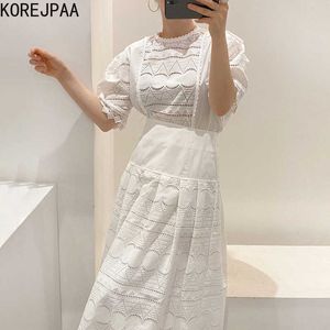 Korejpaa 여성은 여름 한국어 세련된 프랑스 둥근 목 레이스 스티치 퍼프 슬리브 셔츠 높은 허리 중공 크로 셰 뜨개질 치마 210526