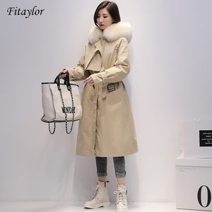 Fitaylor 겨울 긴 파카 여성 90 % 하얀 오리 아래로 자켓 진짜 대형 여우 모피 후드 따뜻한 코트 스노우 outwear 201103