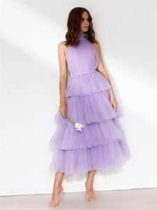 High Neck Puffy Evening Dresses A Line Tea Length 2021 Sexy Backless Short Prom Dress Tiered Skirt Tulle Pageant Gowns Custom Made