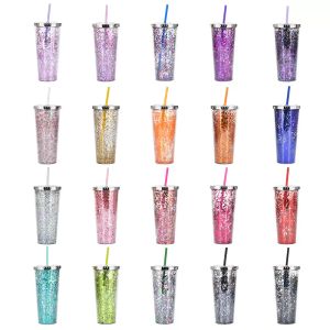 20 Colors! 24oz Plastic Glitter Tumbler with Lid and Straw Double Wall Insulated Tumbler Spipy cup Travel Cups Water Cup Reusable Cup With Straw CG001