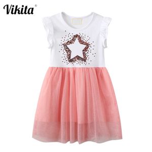 Vikita Kids flare manga vestido crianças estrela lantejoulas vestidos elegantes toddlers malha de algodão voile vestido de retalhos de crianças q0716