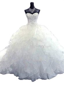 2021 Beaded Crystals Ball Gown Wedding Dresses Strapless Corset Sweetheart Organza Ruffles Cathedral Train Bridal Gowns