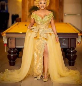 Gold Evening Arabic Dresses Dubai 2024 Traditional Nigerial Off Shoulder Lace Tulle Prom Gowns Vestidos De Fiesta