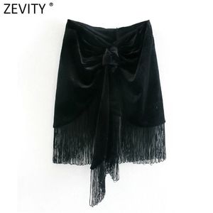Zevity女性のファッションブラック結び付き裾タッセルカジュアルスリムベルベットスカートファルダスムシェルレディースバックジッパーシックミニVestidos Qun705 210629